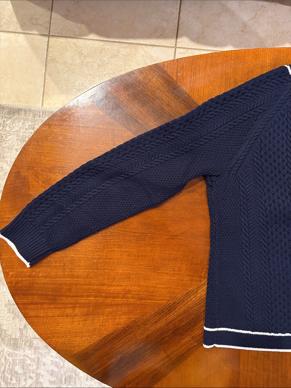 Talbots Women’s Navy Cable Knit Cutaway Cardigan with White Trim - Picture 9 of 9
